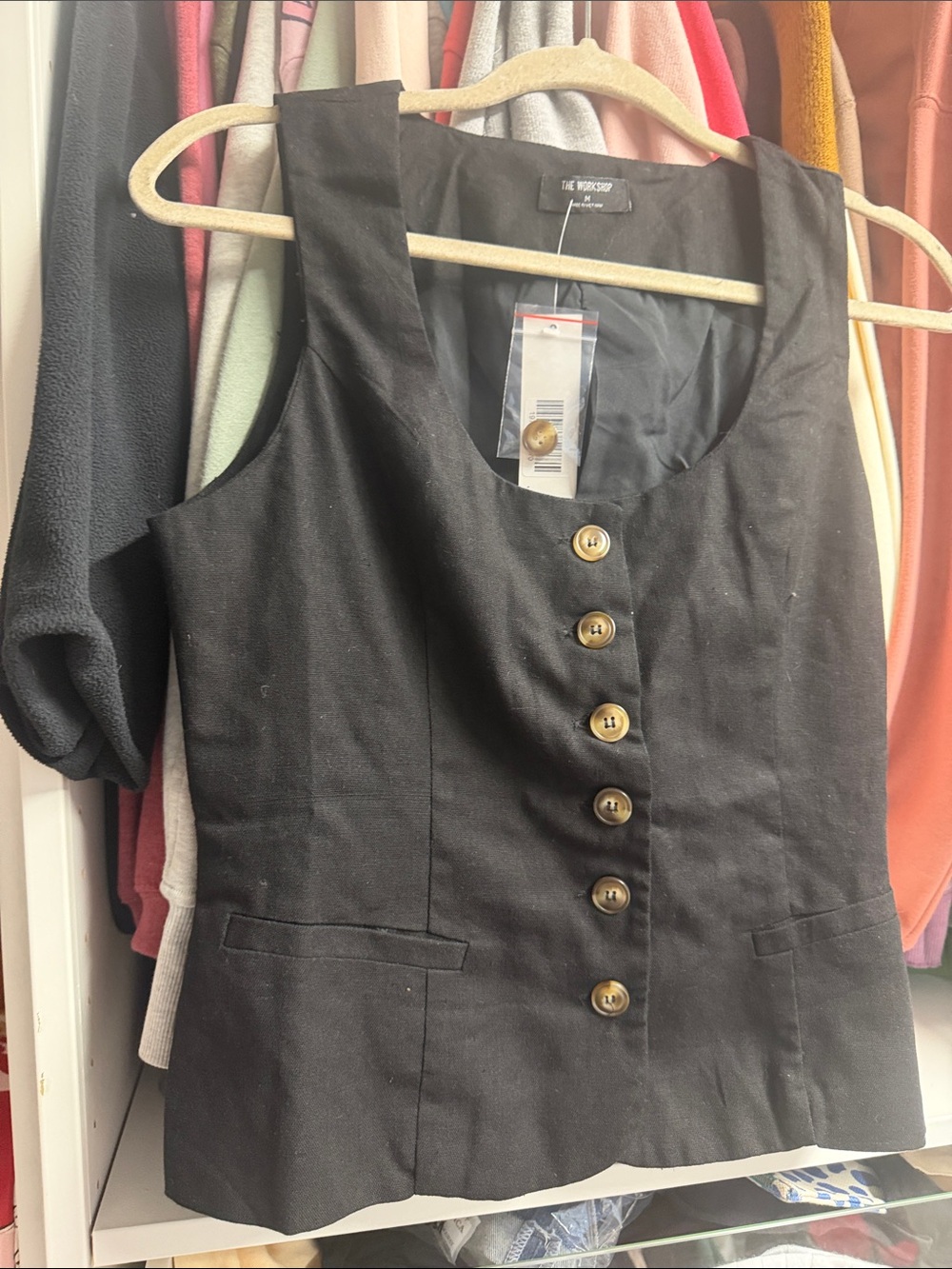 Workshop Republic Clothing Black Button-Front Sleeveless Vest with Gold Buttons